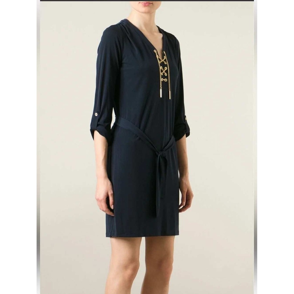 Michael Kors Navy Blue Gold Chain Lace Up Long Sleeve Dress Size Small